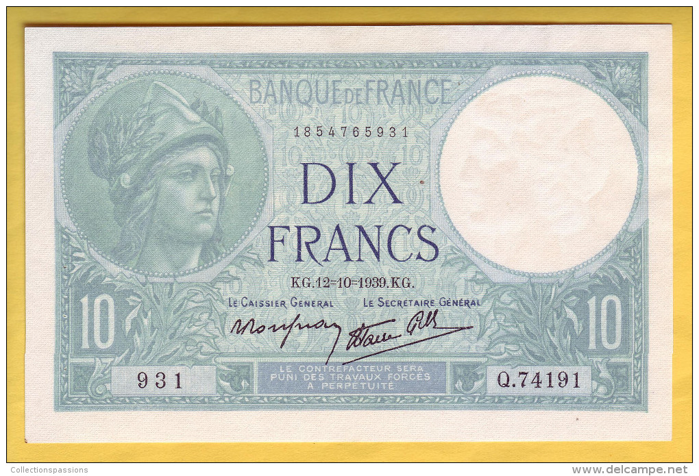 BILLET FRANCAIS - 10 Francs Minerve 12.10.1939 SUP+ - 10 F 1916-1942 ''Minerve''