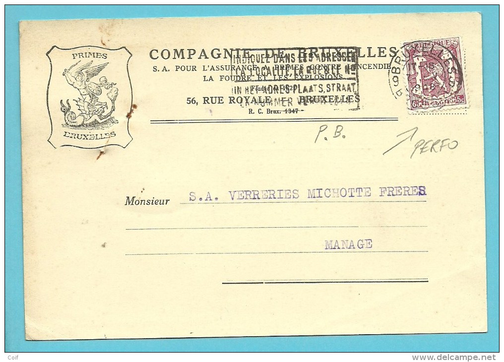 711 Op Kaart Met Stempel BRUXELLES Met Firmaperforatie (perfin) "P.B." Van Compagnie De Bruxelles / Primes Bruxelles - 1934-51