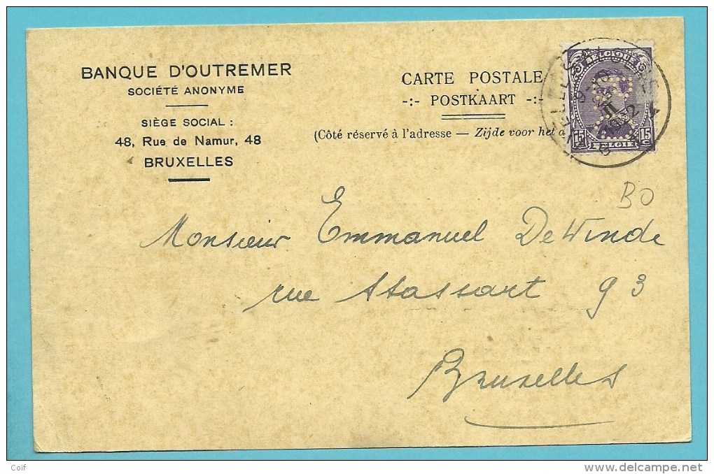 139 Op Kaart Met Stempel ELSENE Met Firmaperforatie (perfin) "B.O. " Van Banque D'Outremer / Bruxelles - 1909-34