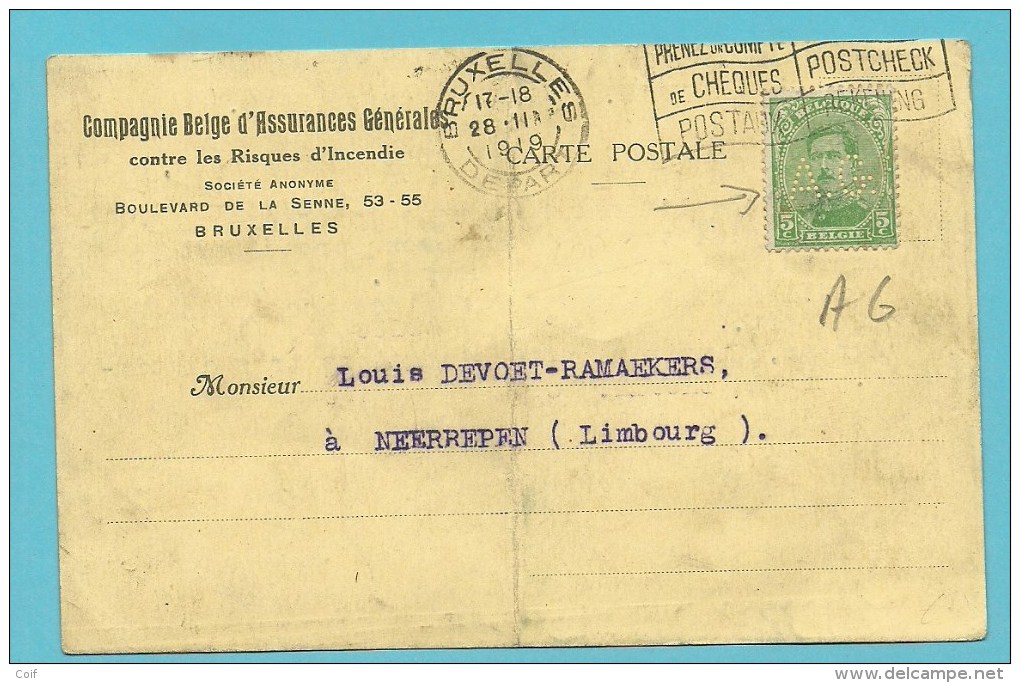 137 Op Kaart Met Stempel BRUXELLES Met Firmaperforatie (perfin) "A.G. " Van Compagnie Belge D'Assurances Generales - 1909-34