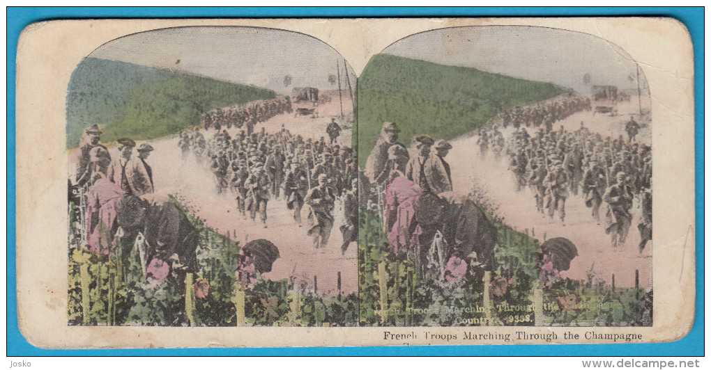 FRENCH TROOPS MARCHING THROUGH THE CHAMPAGNE Vintage Stereoscope Annciene Stereo Photo Card Carte Stéréoscopique FRANCE - 1914-18