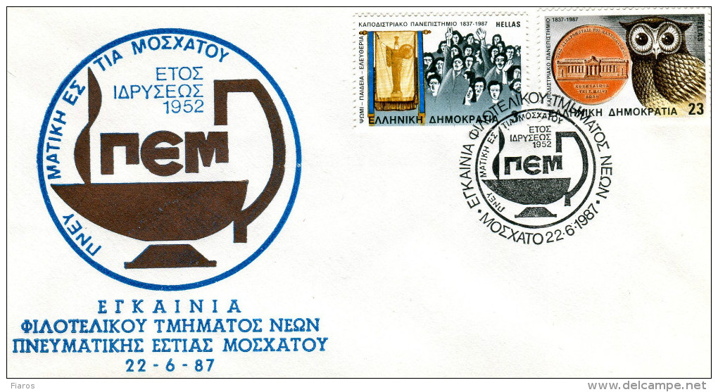 Greece- Comm. Cover W/ "Moschato Cultural Centre: Inauguration Of Youth Philatelic Department" [Moschato 22.6.1987] Pmrk - Postal Logo & Postmarks