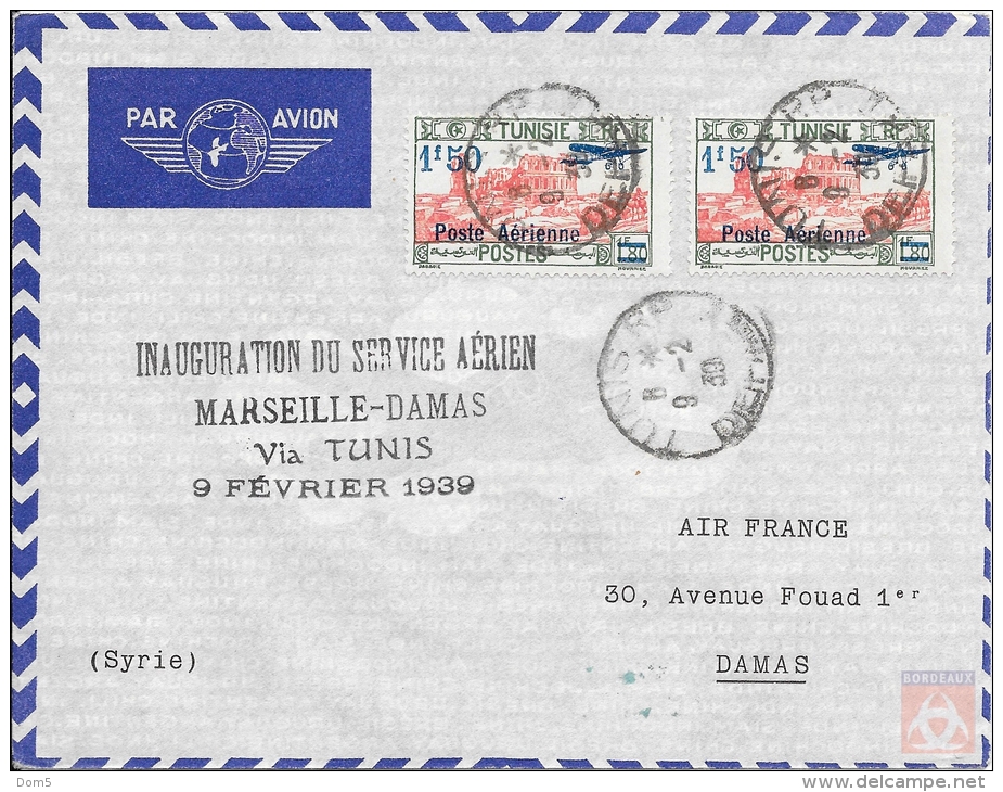 Tunisie # PA 11 X2 - Lettre Par Avion De Tunis Pour Damas En Syrie De 1939 -  Inauguration Du Service Aérien - Lettres & Documents