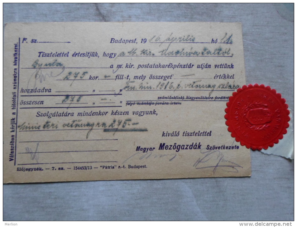 Hungary- Magyar Mezög. Szöv. Budapest To  Gyula - Vármegyeház - 1916 -Békés Vármegye Föispánja  Levélzáró  D128911 - Cartas & Documentos