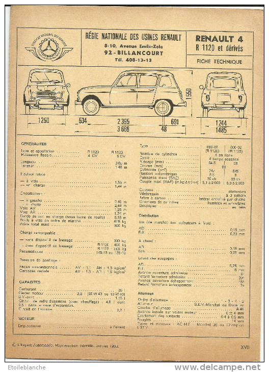 Voiture Renault, R 4, 4 L - 1968 - Regie Nationale (Billancourt 92) - Fiche Technique L'expert Automobile - Matériel Et Accessoires