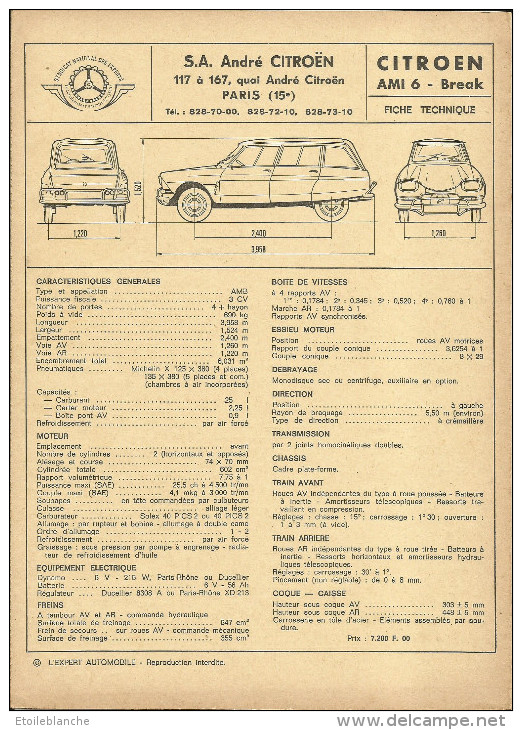 Voiture, Ami 6 Break Citroen (Paris 15e) - Fiche Technique L'expert Automobile - Supplies And Equipment