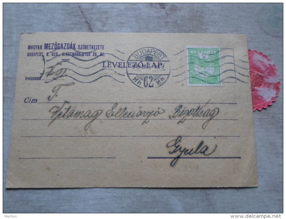 Hungary- Magyar Mez.Szöv.  Budapest 1916 -to GYULA  - Békés Vármegye Föispánja Levélzáró   D128923 - Cartas & Documentos