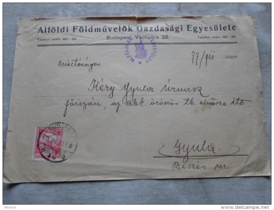 Hungary- Alföldi Gazd.Egy.  Budapest -to Kéry Gyula Föispán Gyula - Békés Vm. - 1911     D128934 - Lettres & Documents