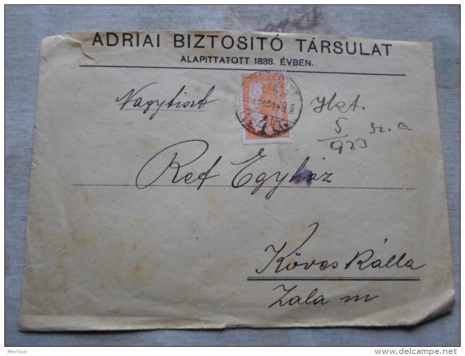 Hungary  - Adria Bizt. Társ. To Ref. Egyh. Köveskál Zala Vm.  25 Korona Stamp  1920's   D128943 - Covers & Documents