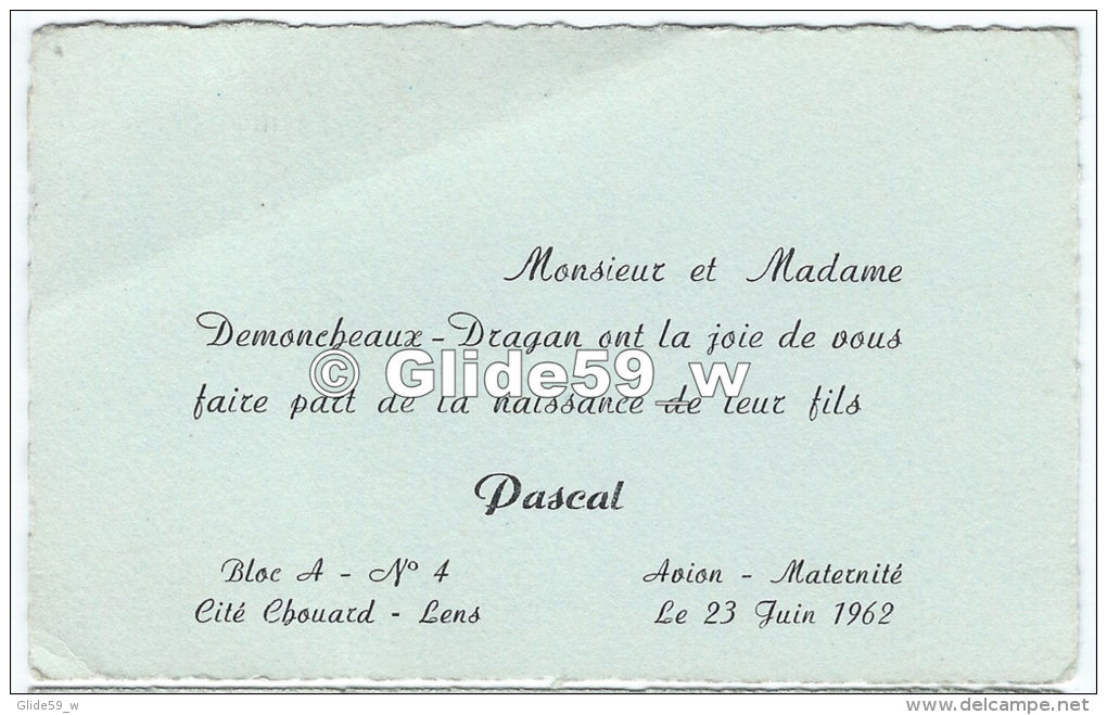 Faire-part De Naissance De Pascal Demoncheaux-Dragan - Maternité D'Avion Le 23 Juin 1962 - Geboorte & Doop