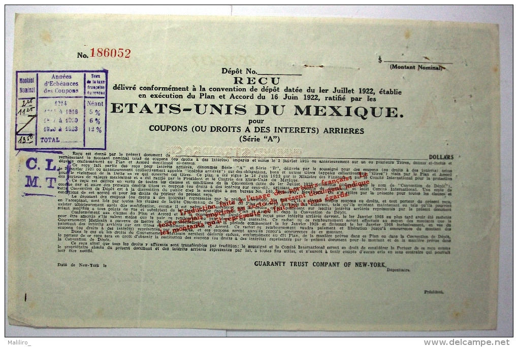 1925  UNITED STATES OF MEXICO  Reçu Délivré Pour Coupons Arriérés Série "A" 13$50 - Autres & Non Classés