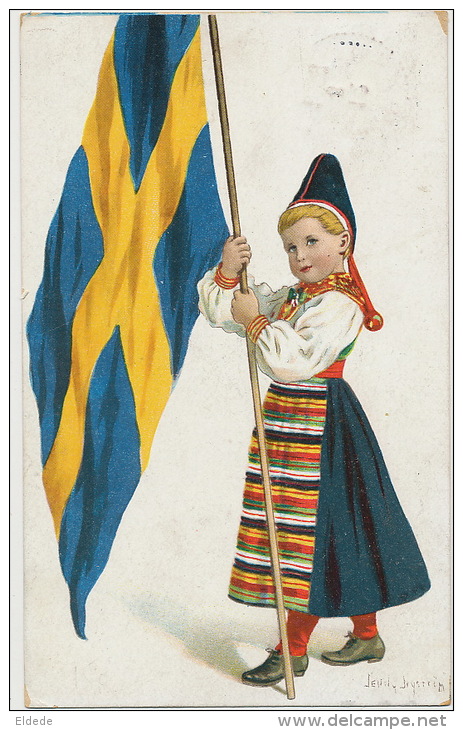 Art Card Signed Jenny Nystreim Girl With Swedish Flag Used Stamped Edit Axel Eliassons - Suède