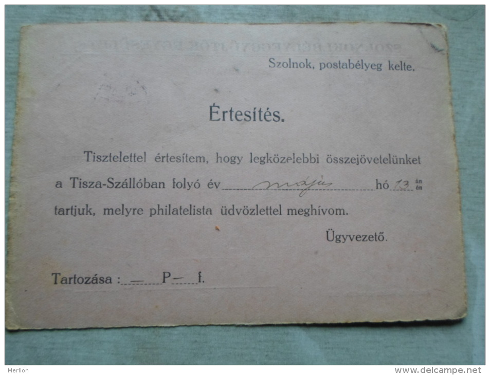 Hungary  - Szolnok Bélyeggyüjtök Egy.  Alkalmi B. A Magyar Ipar  1941 BNV - Szolga Tibor - Tisza Szálló   D128986 - Lettres & Documents