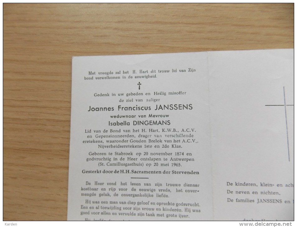 Doodsprentje Joannes Franciscus Janssens Stabroek 20/11/1874 Antwerpen 20/5/1965 ( Isabella Dingemans ) - Religión & Esoterismo
