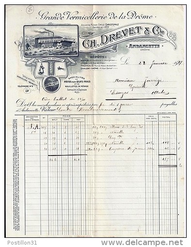 26. DROME. ANDANCETTE. 1917. VERMICELLERIE DREVET ET Cie - Alimentaire