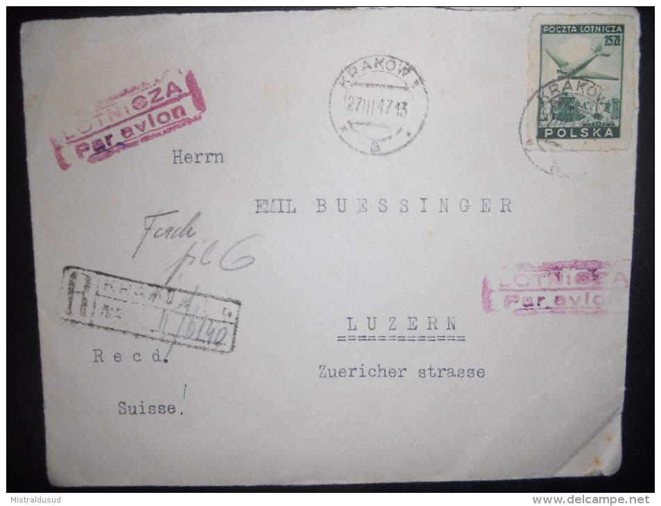 Pologne Lettre Recommande De Krakow 1947 Pour Luzern - Flugzeuge