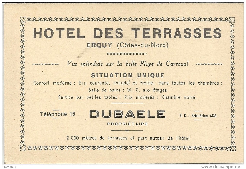 ERQUY - 22 - CARTE PUB Hotel Des Terrasses - Plage De Carroual - VAN - - Erquy