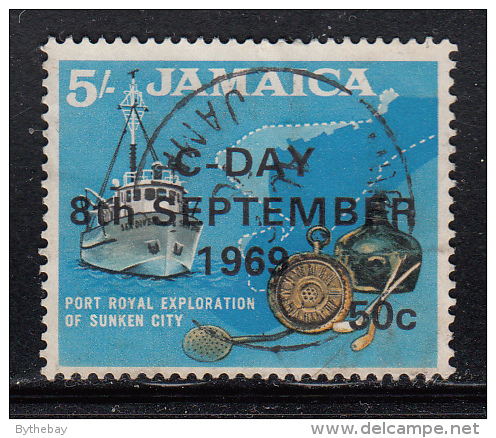 Jamaica Used Scott #289 50c On 5sh Port Royal Exploration Of Sunken City With 'C-Day 8th September 1969' Overprint - Jamaique (1962-...)