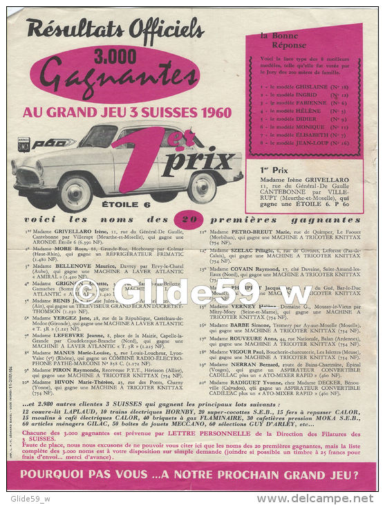 Résultats Officiels 3.000 Gagnantes Au Grand Jeu 3 Suisses 1960 - 1er Prix Simca P60 Etoile 6 - Publicités