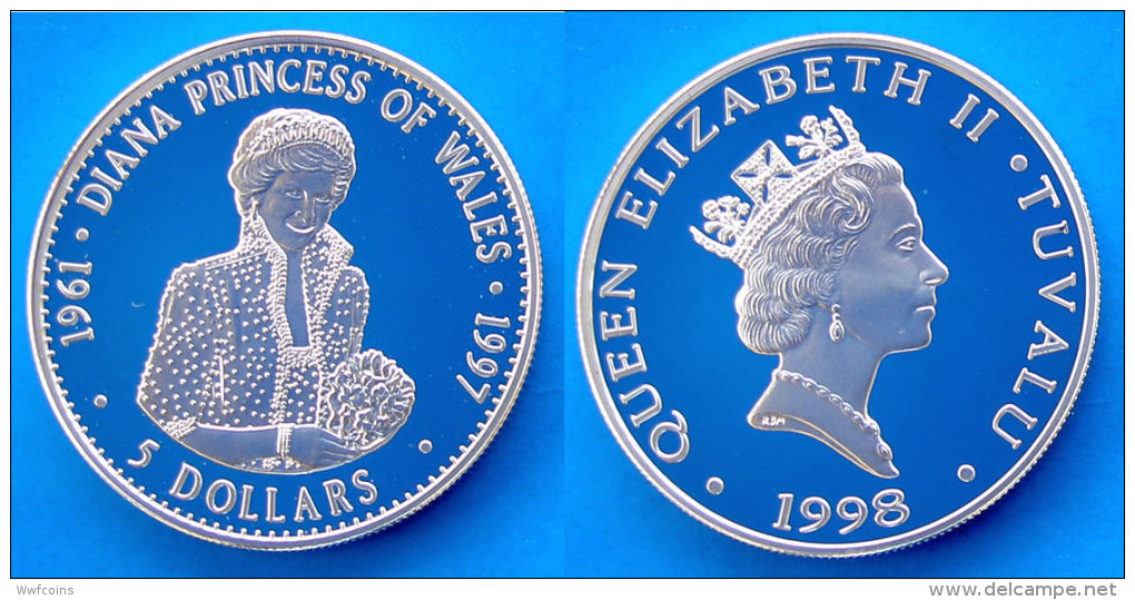 TUVALU 5 $ 1998 ARGENTO PROOF SILVER RARE DIANA PRINCESS OF WALES PESO 31,52g TITOLO 0,925 CONSERVAZIONE FONDO SPECCHIO - Tuvalu