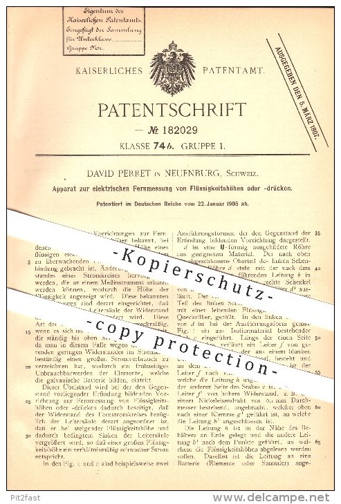 Original Patent - David Perret In Neuenburg , 1905 , Apparat Zur Elektr. Messung Von Flüssigkeitshöhen U. -drücken !!! - Noiraigue 