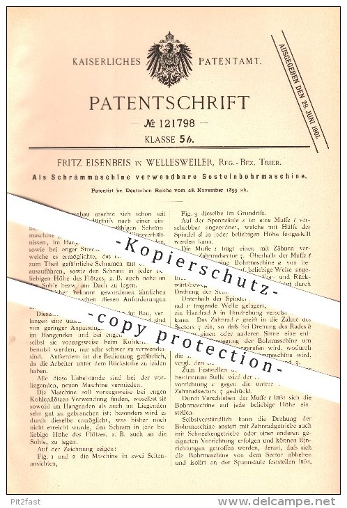 Original Patent - Fritz Eisenbeis In Wellesweiler B. Neunkirchen , 1899 , Gesteinbohrmaschine , Bergbau !!! - Kreis Neunkirchen