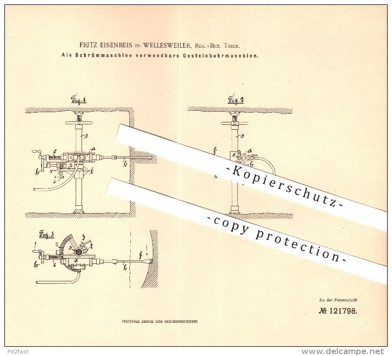Original Patent - Fritz Eisenbeis In Wellesweiler B. Neunkirchen , 1899 , Gesteinbohrmaschine , Bergbau !!! - Kreis Neunkirchen
