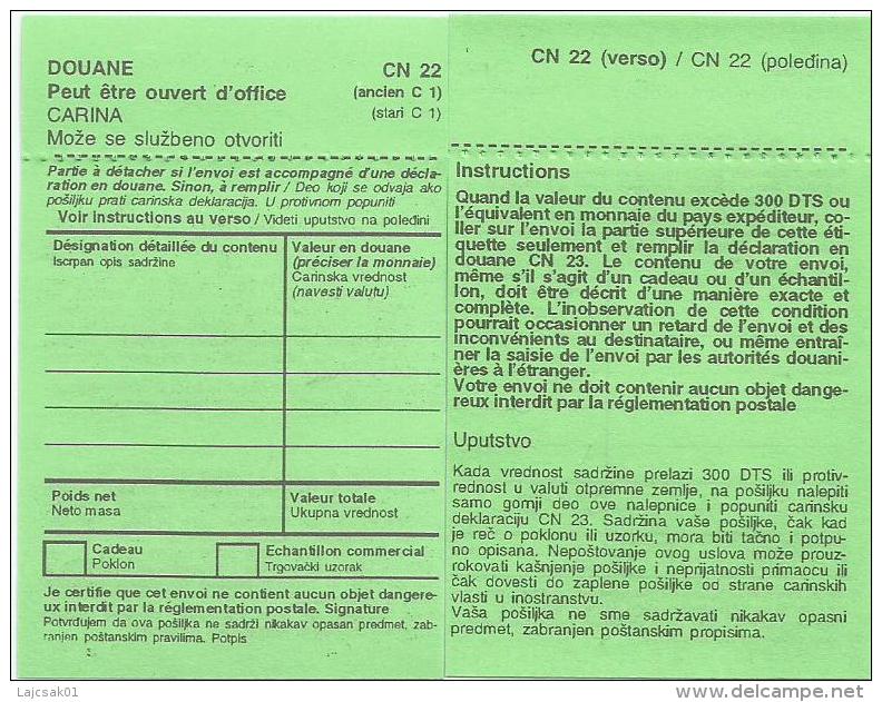 Serbia Customs  Declaration Label CN22 Declaration En Douane Old Type CN 22 Ancien C1 - Serbia