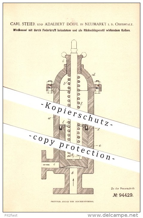 Original Patent - Carl Steier & Adalbert Doifl In Neumarkt , 1896 , Windkessel Mit Kolben , Kessel , Pumpen !!! - Neumarkt I. D. Oberpfalz