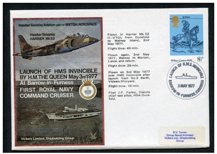 GB 1977 Commemorative Cover Launch Of HMS Invincible Barrow In Furness (D143) - Marcophilie