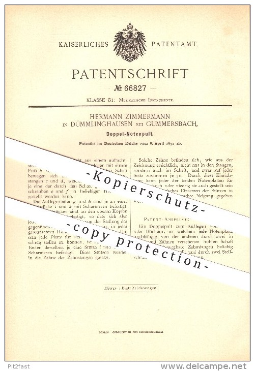 Original Patent - Hermann Zimmermann In Dümmlinghausen B. Gummersbach , 1892 , Doppel Notenpult , Noten , Musik !!! - Gummersbach