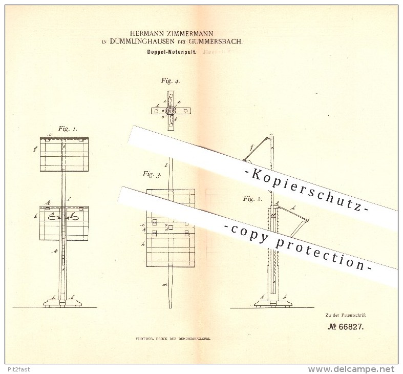 Original Patent - Hermann Zimmermann In Dümmlinghausen B. Gummersbach , 1892 , Doppel Notenpult , Noten , Musik !!! - Gummersbach