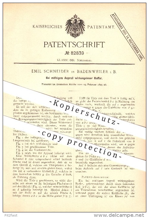 Original Patent - Emil Schneider In Badenweiler , 1895 , Bei Mäßigem Anprall Wirkungsloser Buffer , Tür , Schlosserei !! - Badenweiler