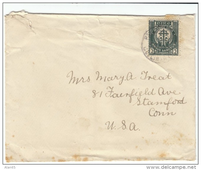 Ireland Sc#88 On Cover, 18 September 1933 2p Stamp On Cover To Stamford Connecticut USA - Lettres & Documents