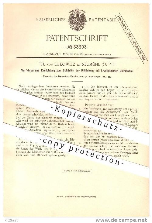 Original Patent - Th. Von Lukowitz In Neumühl / Nowy Mlyn ,1884, Schärfen Von Mühlsteinen, Mühlen , Rastenburg / Ketrzyn - Ostpreussen