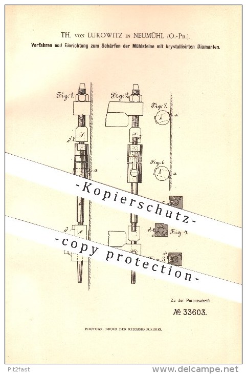 Original Patent - Th. Von Lukowitz In Neumühl / Nowy Mlyn ,1884, Schärfen Von Mühlsteinen, Mühlen , Rastenburg / Ketrzyn - Ostpreussen