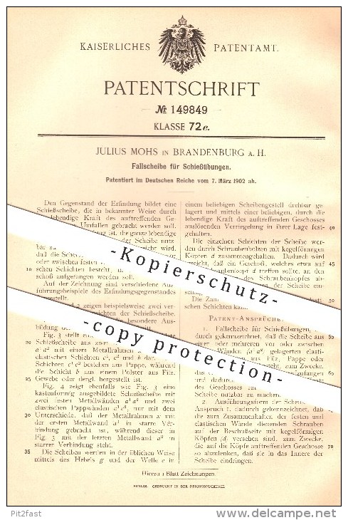 Original Patent - Julius Mohs In Brandenburg , 1902 , Fallscheibe Für Schießübungen , Gewehr , Schützenzunft !!! - Brandenburg