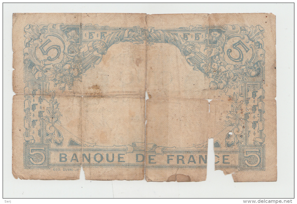 France 5 Francs 1916 Poor RARE Banknote Pick 70 - 5 F 1912-1917 ''Bleu''