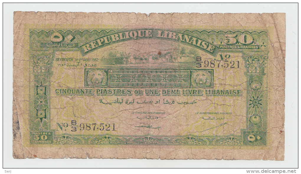 LEBANON 50 PIASTRES 1942 G-VG PICK 37 - Liban