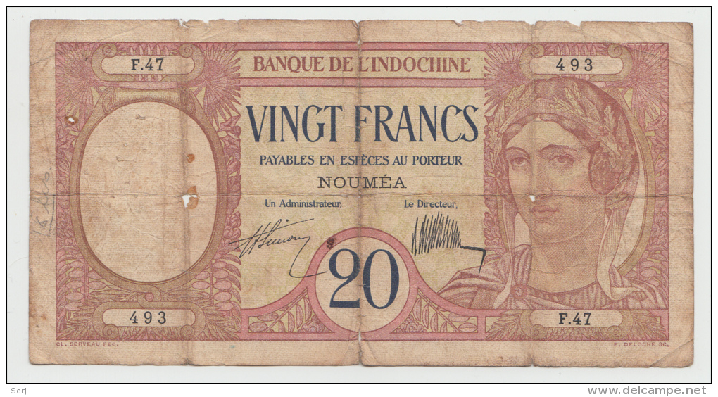 New Caledonia Noumea 20 Francs 1929 G-VG Pick 37a  37 A - Nouméa (Neukaledonien 1873-1985)