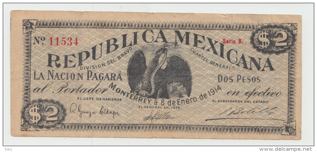 Mexico 2 Dollars 1914 VF+ Pick S-938 RARE - Mexique