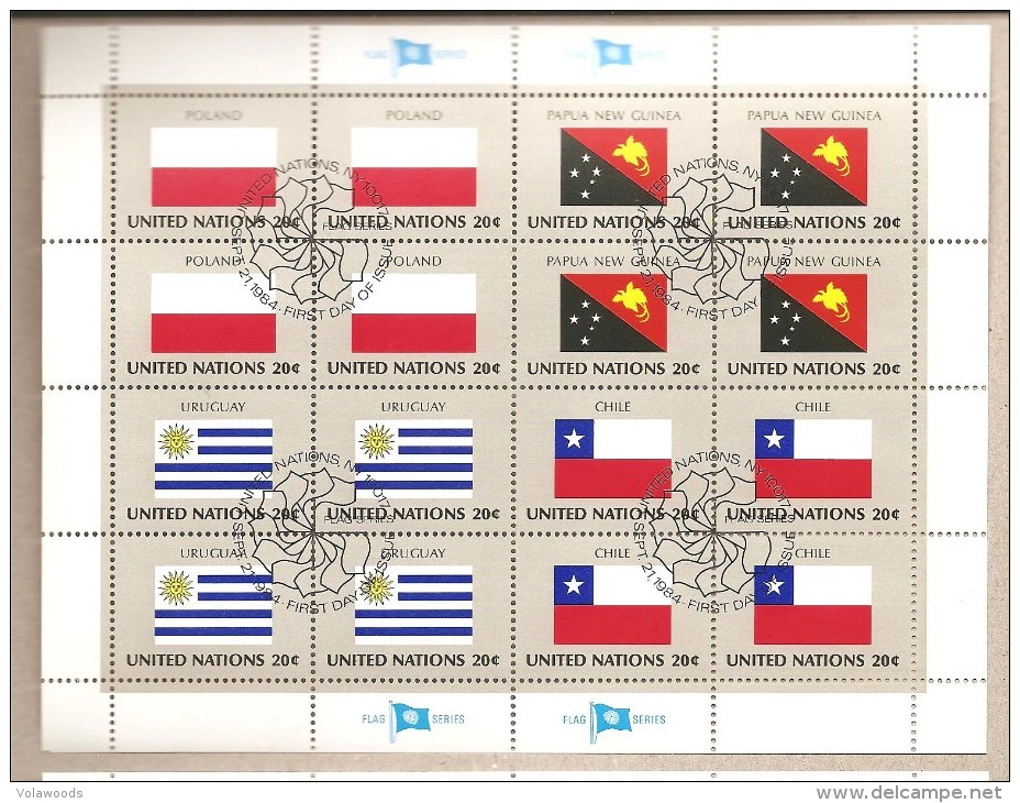 ONU New York - Foglietto FDC Serie Bandiere: Polonia; Papua Nuova Guinea; Uruguay; Cile - 1984 - Blocs-feuillets