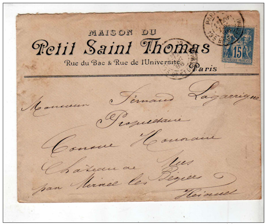 Enveloppe - CAD Paris + Murviel - Sage 15c Bleu - Maison Du Petit St Thomas / Lagarrigue - 1888 - 1877-1920: Période Semi Moderne
