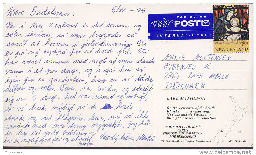 New Zealand PPC Lake Matheson "Par Avion Air Post International" Label 1995 RASK MØLLE Denmark (2 Scans) - Cartas & Documentos