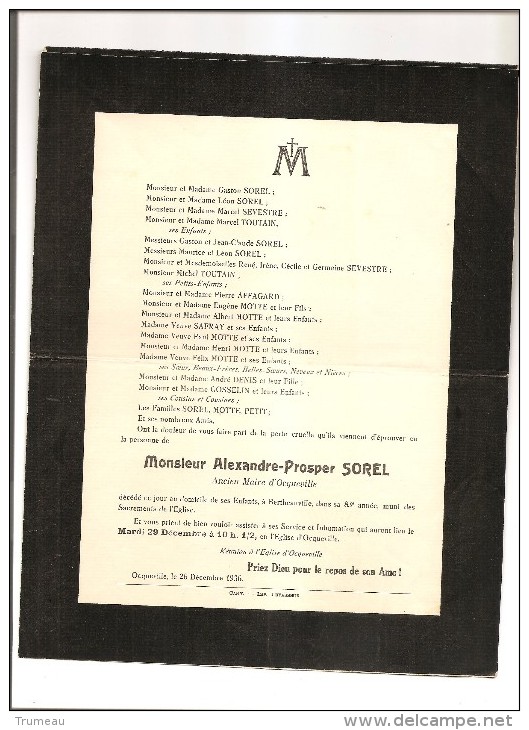 OCQUEVILLE CANY DECES DE ALEXANDRE PROSPER SOREL ANCIEN MAIRE D'OCQUEVILLE LE 26 DECEMBRE 1936 - Décès