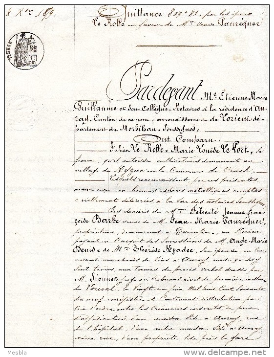 TRIBUNAL CIVIL à LORIENT -  1879 - QUITTANCE -  Village De KEYZAC, Commune De CRACH  -  Commune  D'AURAY - Non Classificati