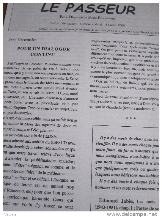 Le Passeur, Bulletin De L' École Dispersée De Santé Européenne N° Spécial Aout 2000 : J. Carpentier - J. Barsony. 2000 ( - Geneeskunde & Gezondheid
