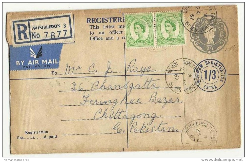 England Great Britain Air Mail Postal Used Registered 1/3 Extre Cover 1967 GB London To Chittagong East  Pakistan - Autres & Non Classés