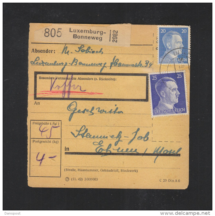 Dt. Reich Besetzung Luxemburg Paketkarte Bonneweg 1943 - 1940-1944 Occupation Allemande