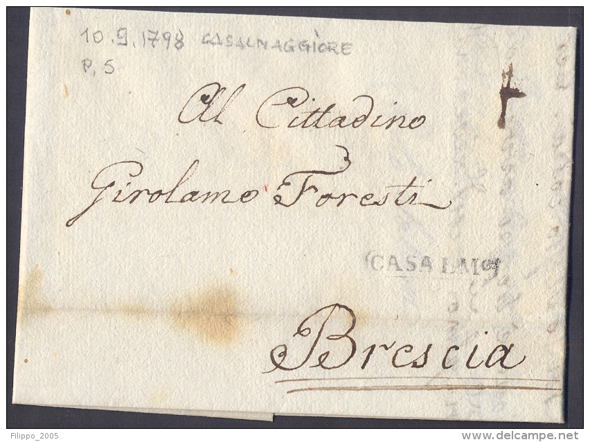 1798 PREFILATELIA LETTERA CARTELLA CASALMAGGIORE PER BRESCIA - TASSATA - BELLISSIMA!! - 1. ...-1850 Prefilatelia